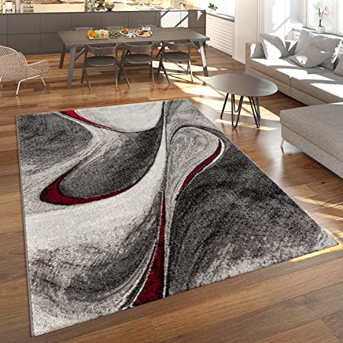 Paco Home Modern Short-Pile Rug Living Room Mottled Abstract Design Grey Red Black, Size: 6'7" x 9'6"