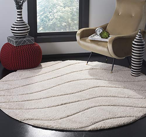 SAFAVIEH Florida Shag Collection 4' Round Cream / Cream SG472 Abstract Wave Non-Shedding Living Room Bedroom Dining Room Entryway Plush 1.2-inch Thick Area Rug