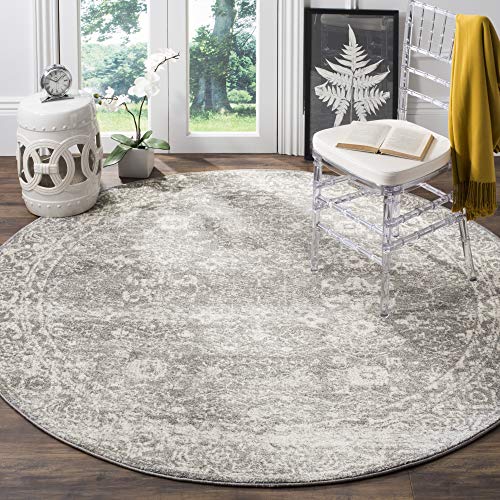 SAFAVIEH Evoke Collection 6'7" Round Silver / Ivory EVK270Z Shabby Chic Distressed Non-Shedding Dining Room Entryway Foyer Living Room Bedroom Area Rug