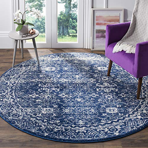 SAFAVIEH Evoke Collection 6'7" Round Silver / Ivory EVK270Z Shabby Chic Distressed Non-Shedding Dining Room Entryway Foyer Living Room Bedroom Area Rug