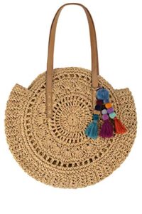 beach bag straw handbags for women natural chic large round bohemian shoulder hand bag wallet purse with boho pom pom tassel bag charm key chain (khaki)
