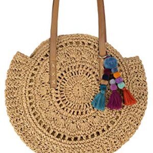 Beach Bag Straw Handbags for Women Natural Chic Large Round Bohemian Shoulder Hand Bag Wallet Purse with Boho Pom Pom Tassel Bag Charm Key Chain (Khaki)