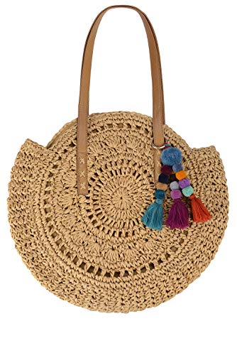 Beach Bag Straw Handbags for Women Natural Chic Large Round Bohemian Shoulder Hand Bag Wallet Purse with Boho Pom Pom Tassel Bag Charm Key Chain (Khaki)