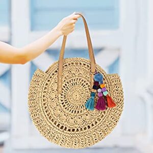 Beach Bag Straw Handbags for Women Natural Chic Large Round Bohemian Shoulder Hand Bag Wallet Purse with Boho Pom Pom Tassel Bag Charm Key Chain (Khaki)