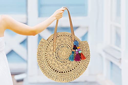 Beach Bag Straw Handbags for Women Natural Chic Large Round Bohemian Shoulder Hand Bag Wallet Purse with Boho Pom Pom Tassel Bag Charm Key Chain (Khaki)