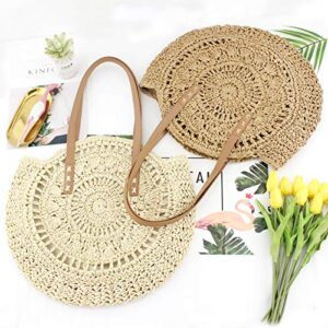 Beach Bag Straw Handbags for Women Natural Chic Large Round Bohemian Shoulder Hand Bag Wallet Purse with Boho Pom Pom Tassel Bag Charm Key Chain (Khaki)