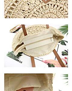 Beach Bag Straw Handbags for Women Natural Chic Large Round Bohemian Shoulder Hand Bag Wallet Purse with Boho Pom Pom Tassel Bag Charm Key Chain (Khaki)