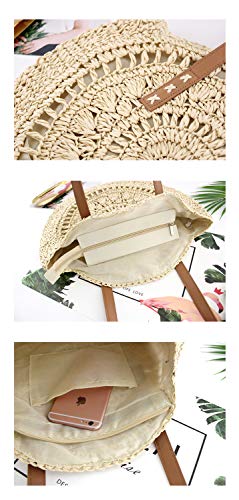 Beach Bag Straw Handbags for Women Natural Chic Large Round Bohemian Shoulder Hand Bag Wallet Purse with Boho Pom Pom Tassel Bag Charm Key Chain (Khaki)