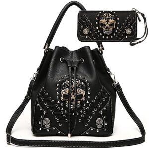 sugar skull punk art rivet studded concealed carry purse women handbag fashion shoulder bag wallet set (black set)