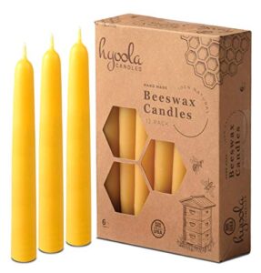 hyoola beeswax taper candles 12 pack – handmade, all natural, 100% pure scented bee wax candle – tall, decorative, golden yellow – 6 hour burn time