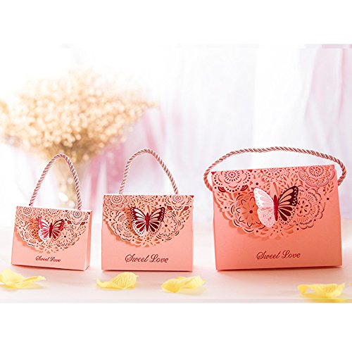 Eyxia Wedding Favor Boxes Flower Laser Cut Party Favors Bags Baby Shower Candy Gift Box Set Butterfly Event Decoration with Ribbons Wholesale 20pcs Pink