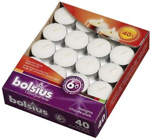 bolsius 40 pack unscented tea lights – 6 hours – premium european quality – consistent smokeless flame – 100% cotton wick – dinner, wedding, party, restaurant, spa, church, & home décor tealights