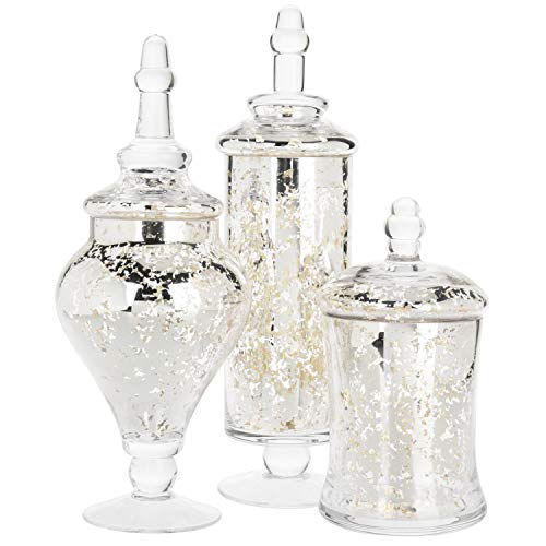 MyGift Set of 3 Silver Mercury Glass Apothecary Jars, Weddings Centerpiece Candy Buffet