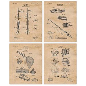 vintage fishing patent prints, 4 (8×10) unframed photos, wall art decor gifts under 20 for beach lake home office garage lake bass tackle rods reels shop man cave college student teacher coach fan