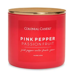 colonial candle pink pepper passionfruit scented jar candle, pop of color collection, 3 wick, red, 14.5 oz – up to 60 hours burn