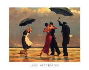 the singing butler jack vettriano umbrella love dancing beach rain, overall size: 19.75×15.75, image size: 18.5×13.5