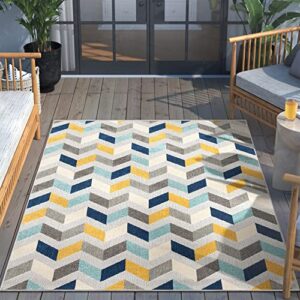 Well Woven Maui Blue Indoor/Outdoor Chevron Area Rug (5'3" x 7'3") High Traffic Stain Resistant Modern Geometric Carpet