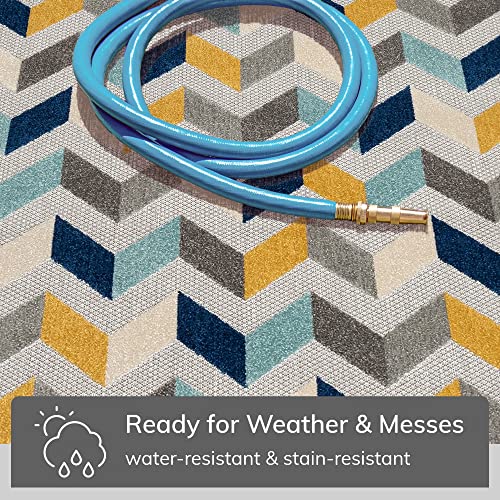 Well Woven Maui Blue Indoor/Outdoor Chevron Area Rug (5'3" x 7'3") High Traffic Stain Resistant Modern Geometric Carpet