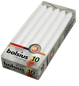 bolsius white dinner candles – 10 pack unscented 9 inch straight taper candle set – 8 hour burn time – premium european quality – smokeless and dripless household, spa, wedding, and party candlesticks