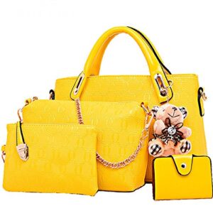 women printing 4pcs top handle satchel hobo handbag set middle tote +purse +shoulder bag+card holder yellow