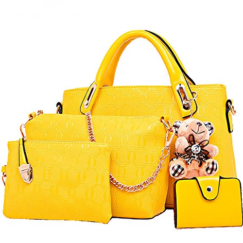 Women Printing 4Pcs Top Handle Satchel Hobo Handbag Set Middle Tote +Purse +Shoulder Bag+Card Holder Yellow