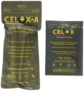 celox emergency wound bundle: blood clotting granule applicator and plunger set with extra blood clotting solution