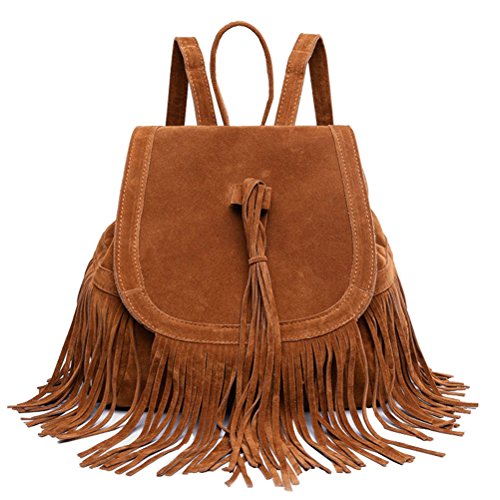 Donalworld Women Tassel Backpack Book Travel Drawstring PU Leather Bag Brown