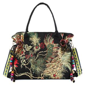 jursccu women canvas tote bags phoenix sequins embroidery handbags stylish casual shoulder bags,with vintage decorative pendants (black)