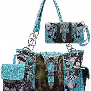 Western Style Camouflage Concealed Carry Purse Buckle Country Studs Women Handbag Shoulder Bag Wallet Set (Turquoise Set)