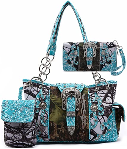 Western Style Camouflage Concealed Carry Purse Buckle Country Studs Women Handbag Shoulder Bag Wallet Set (Turquoise Set)