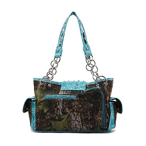 Western Style Camouflage Concealed Carry Purse Buckle Country Studs Women Handbag Shoulder Bag Wallet Set (Turquoise Set)