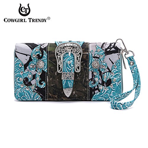 Western Style Camouflage Concealed Carry Purse Buckle Country Studs Women Handbag Shoulder Bag Wallet Set (Turquoise Set)