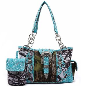 Western Style Camouflage Concealed Carry Purse Buckle Country Studs Women Handbag Shoulder Bag Wallet Set (Turquoise Set)