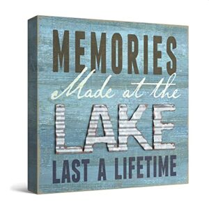 barnyard designs ‘memories at the lake’ box sign wooden signs for home decor, motivational desk decor, primitive decor desk decorations for women office decorations bathroom shelf decor, 8×8