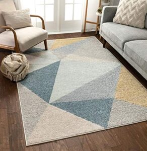 well woven easton modern abstract geometric triangles blue, gold & grey area rug 8×11 (7’10” x 9’10”)