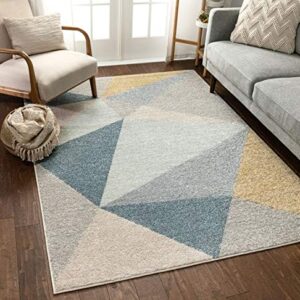 Well Woven Easton Modern Abstract Geometric Triangles Blue, Gold & Grey Area Rug 8x11 (7'10" x 9'10")