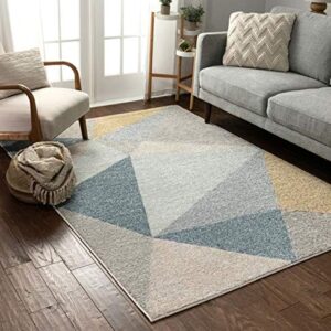 Well Woven Easton Modern Abstract Geometric Triangles Blue, Gold & Grey Area Rug 8x11 (7'10" x 9'10")