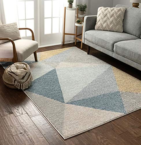 Well Woven Easton Modern Abstract Geometric Triangles Blue, Gold & Grey Area Rug 8x11 (7'10" x 9'10")