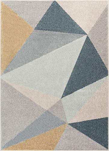 Well Woven Easton Modern Abstract Geometric Triangles Blue, Gold & Grey Area Rug 8x11 (7'10" x 9'10")