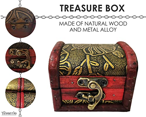 Treasure Box with Lock and Key - Pirate Treasure Chest for Kids Decorative Storage Boxes Keepsake Box With Hinged Lid Decorative Boxes - Mini Wooden Box With Lid Flower Motif Vintage Mystery Boxes