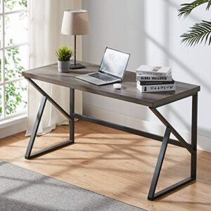 hsh industrial home office desk, metal and wood computer desk, rustic vintage soho work study writing table, modern pc desk for livingroom bedroom, farmhouse computer table grey 55 inch wide
