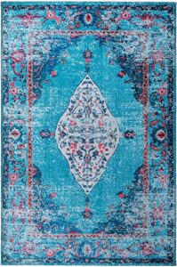 mylife rugs traditional vintage non slip machine washable distressed printed area rug, turquoise red 4’x6′