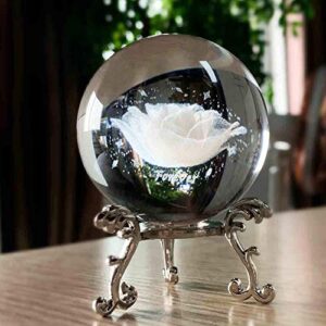 hdcrystalgifts 60mm 3d inner carving rose flower crystal ball paperweight with sliver stand fengshui home decor