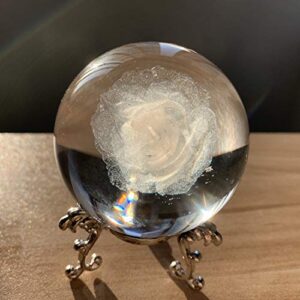 HDCRYSTALGIFTS 60mm 3D Inner Carving Rose Flower Crystal Ball Paperweight with Sliver Stand Fengshui Home Decor