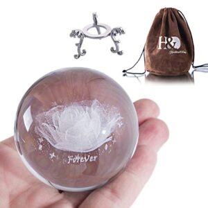 HDCRYSTALGIFTS 60mm 3D Inner Carving Rose Flower Crystal Ball Paperweight with Sliver Stand Fengshui Home Decor