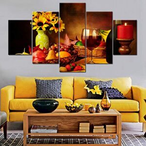 red wine art work for home walls 5 panel red candle paintings hd prints colorful fruit and wine wall art on canvas sunflower pictures for living room framed gallery-wrapped ready to hang(60”wx32”h)