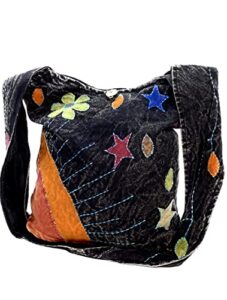 elements of nature bohemian hand-stitched hippie hippy shoulder crossbody monk handbag in black large