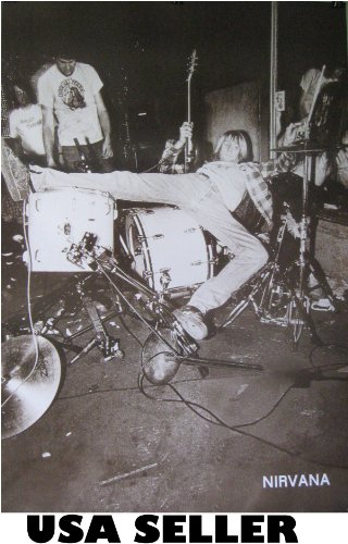 Nirvana Kurt Cobain Toppled on Drums 23.5 X 34 POSTER Black & White early Seattle grunge Bleach era (sent FROM USA in PVC pipe)