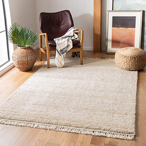 SAFAVIEH Casablanca Shag Collection 8' x 10' Beige CSB521B Handmade Fringe Wool 0.8-inch Thick Area Rug