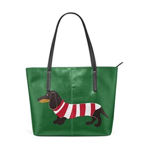 wozo funny dachshund dog green striped pu leather shoulder tote bag purse for women girls